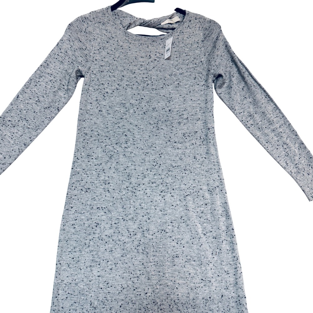 NWT LOFT Gray Speckled Knit Sweater Dress XS Long Sleeve Knee Length Knot Back‎